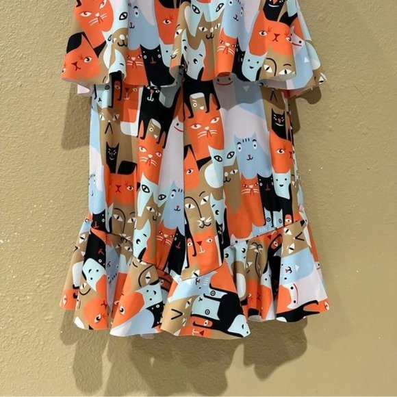 Cat Print Mod Romper Sleeveless Ruffle Padded Bra Pin Up Women’s Medium - Picture 10 of 14